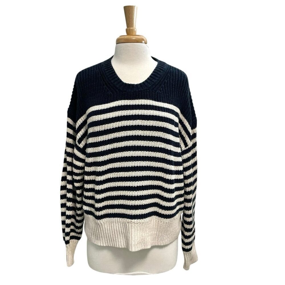 J CREW Oversized Stripe Preppy Cotton Crewneck Knit Sweater Blue White sz Medium